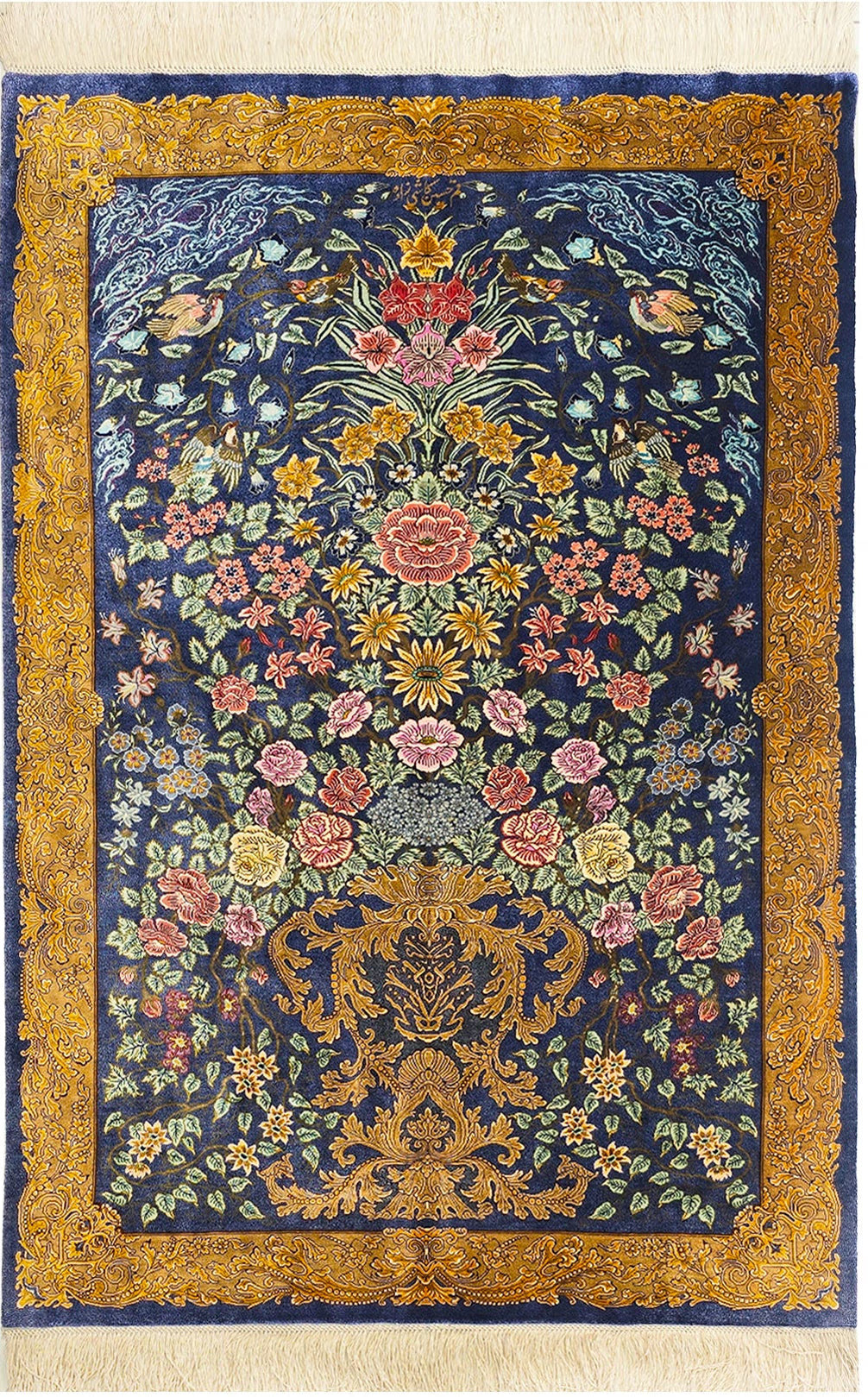 花瓶柄を最も美しく描いた超有名【カディザデ工房】 ミックスブルー クム産シルク ID25019