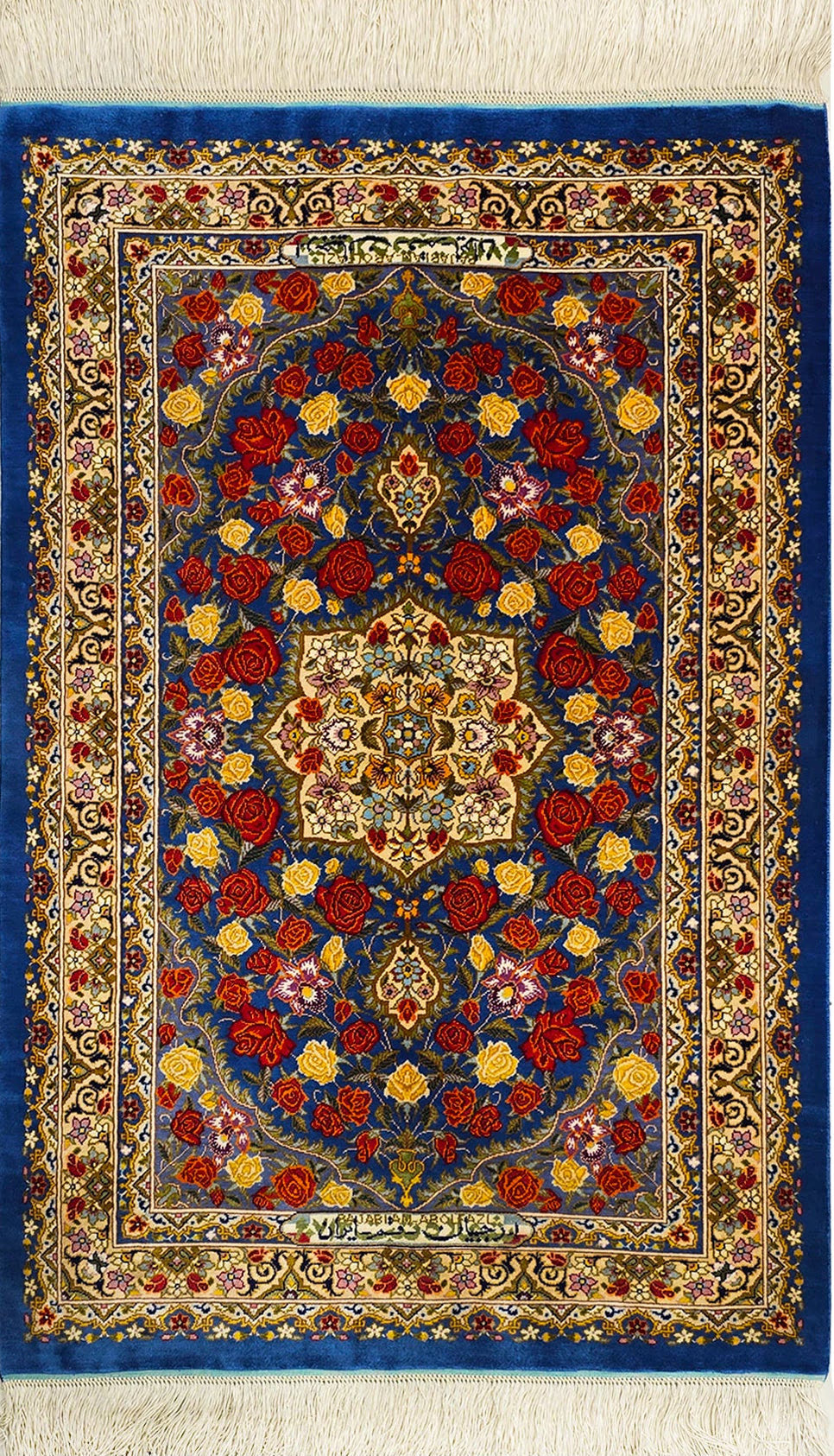 名門【ラジャビアン】鮮やかな青に咲き誇る 赤と黄色の薔薇  美の極致 クム産シルク ID25028