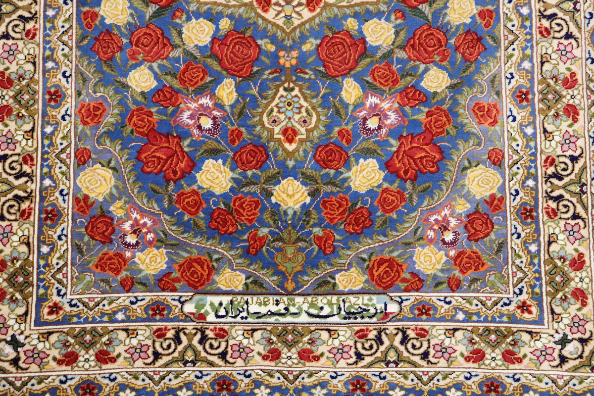 名門【ラジャビアン】鮮やかな青に咲き誇る 赤と黄色の薔薇  美の極致 クム産シルク ID25028