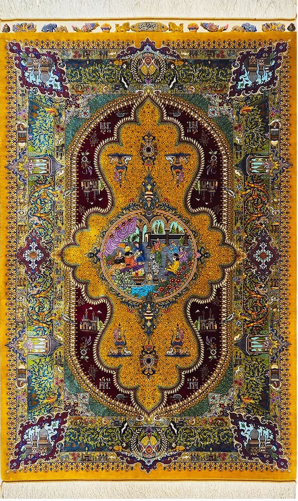 マスウード・ジャムシディ工房 古代ペルシャの栄華（細密画メダリオン）金×紺 101×156cm (ID25034)