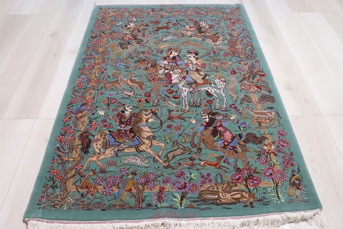 ミルメヒディ工房 王と王妃の狩猟図 シーグリーン 98×146cm (ID9003