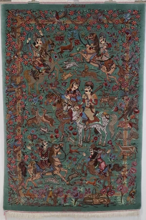ミルメヒディ工房 王と王妃の狩猟図 シーグリーン 98×146cm (ID9003)