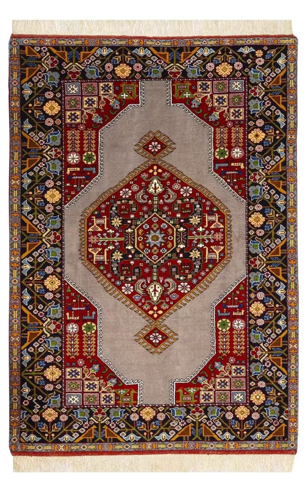 ホラーサーン産 手織りウール 灰地に赤メダリオン 140×190cm (No.9)