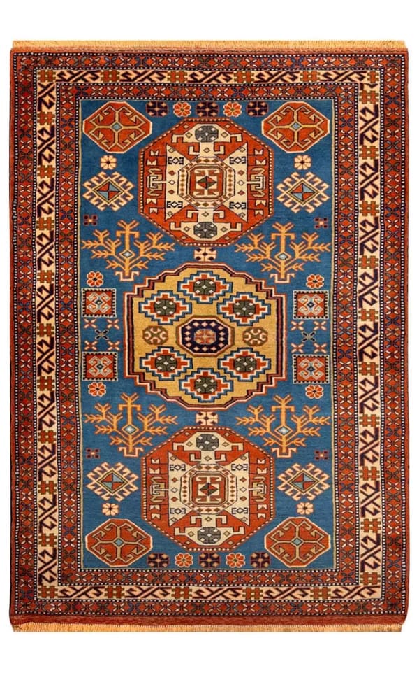 ホラーサーン・ゴーチャーン産 手織りウール 青地3連メダリオン 128×180cm (No.19)