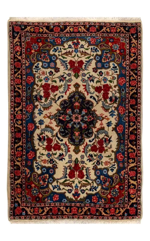 Bijar Handwoven Wool Cream Ground Intricate Medallion 105x170cm (No.37)