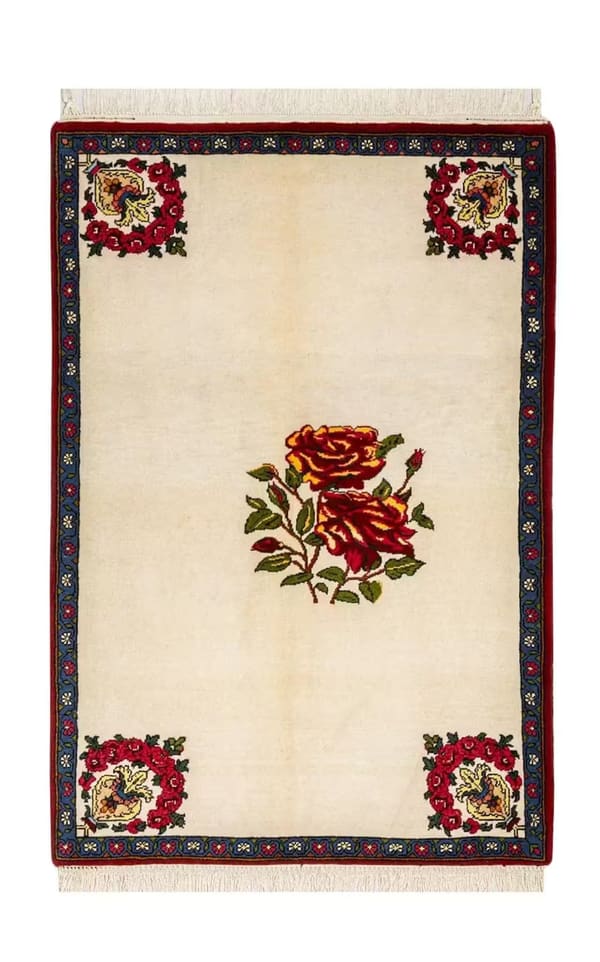 Bakhtiari Hand-woven Wool Rug, Cream with Roses, 100x150cm (No.48)