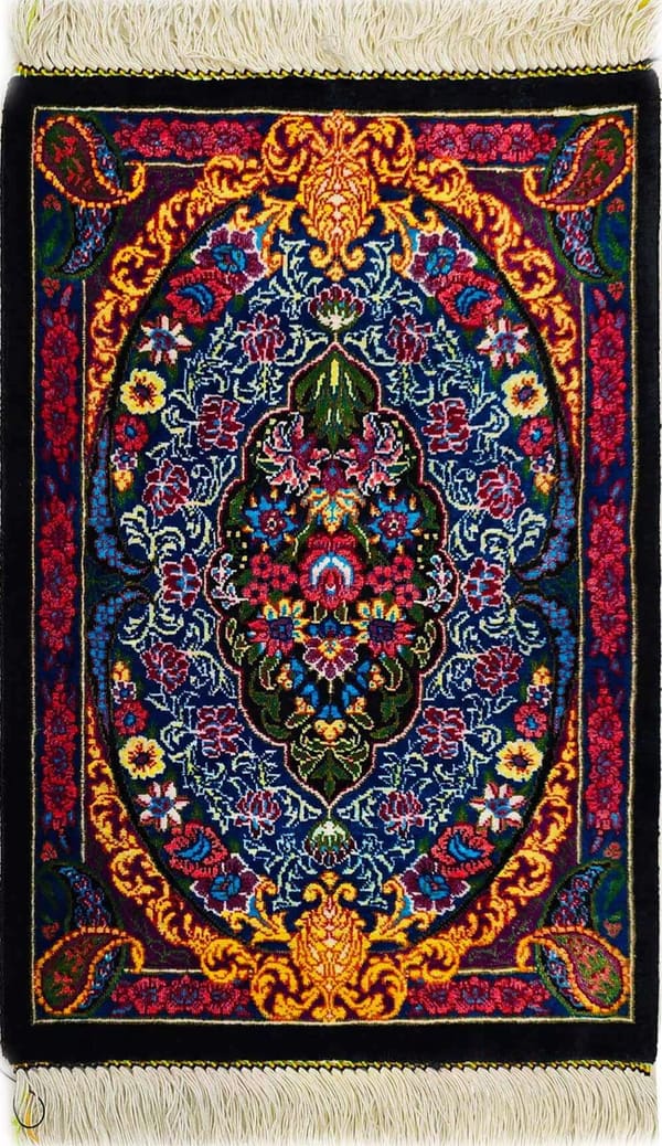シルクミニ絨毯 メダリオン 瑠璃色×黒 27×41cm (ID23035)