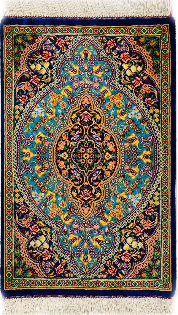 クム産シルク 極小メダリオン ライトブルー×ブルー 29×45cm (ID23039)